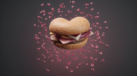 3d illustration of a hamburger with flying hearts on a dark background. Burger lovers.の素材