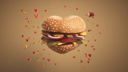 3d illustration of a hamburger with flying red hearts on brown background. Burger lovers.の素材