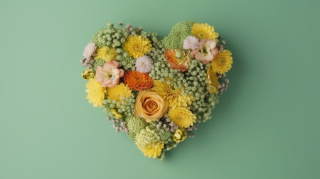 Heart made of flowers on green background. Flat lay, top viewの素材