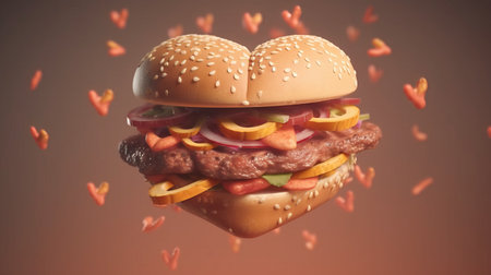 Hamburger with flying red hearts on a brown background. Burger lovers.の素材