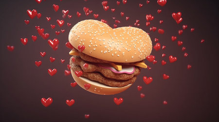 Big hamburger with flying red hearts on a dark background. 3d rendering, Burger lovers.の素材