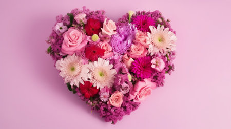 Bouquet of flowers in the shape of a heart on a pink backgroundの素材