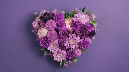 Bouquet of flowers in the form of a heart on a purple backgroundの素材
