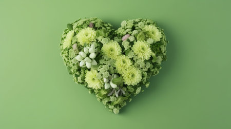 Heart shape made of green flowers on green background, 3d renderの素材