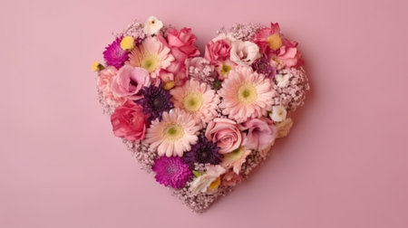 Heart of flowers on a pink background. Valentines day concept.の素材