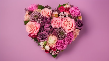 Beautiful bouquet of different flowers in the shape of a heart on a pink backgroundの素材
