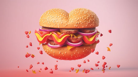 Hamburger with flying red hearts on pink background. 3d rendering. Burger lovers.の素材