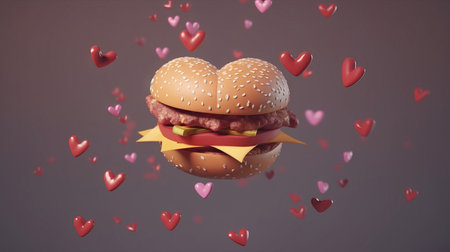 Hamburger with hearts on a gray background. 3d rendering. Burger lovers.の素材