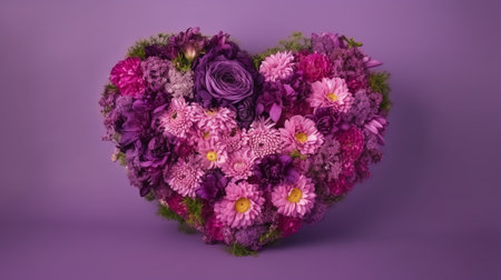Heart shaped bouquet of chrysanthemums on purple backgroundの素材