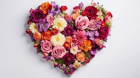Beautiful heart-shaped bouquet of colorful flowers on white backgroundの素材