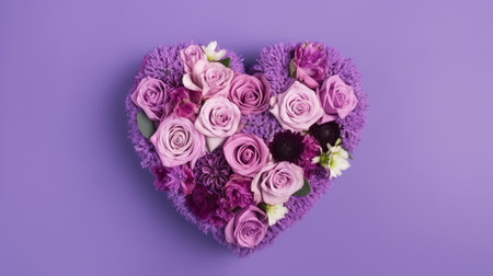 Beautiful bouquet of flowers in the shape of a heart on a purple backgroundの素材
