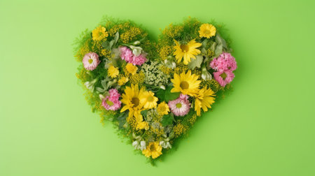 Heart shape made of colorful flowers on green background. Top view.の素材