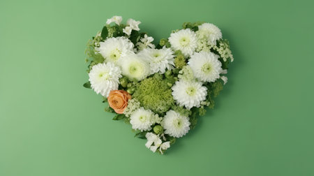 Heart made of white flowers on green background. Valentine's day conceptの素材