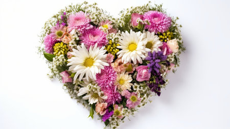 Colorful bouquet of flowers in heart shape on white background.の素材