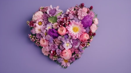 Heart shaped bouquet of different flowers on a purple background, top viewの素材