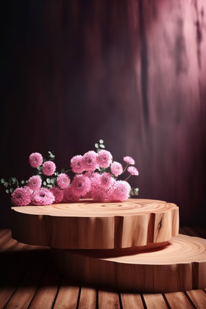 Wooden podium with pink chrysanthemums on wooden backgroundの素材