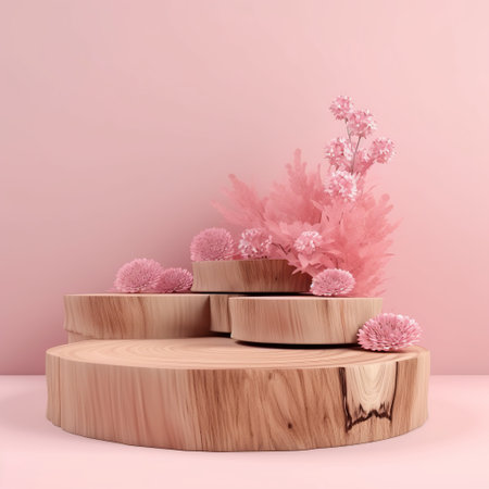 Wooden podium with pink flowers on pink background. 3d renderの素材