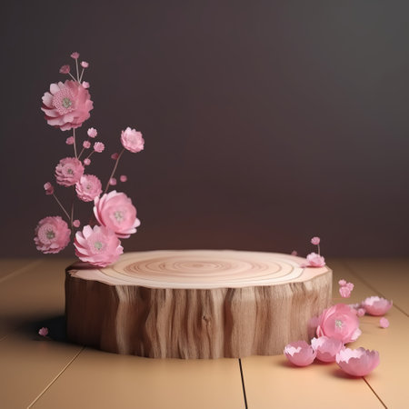 Wooden podium for product presentation with pink flowers. 3D renderingの素材