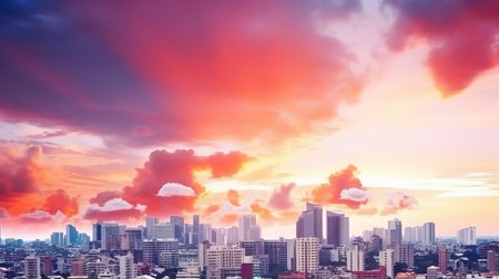Cityscape at sunset. Panoramic view of a big city.の素材