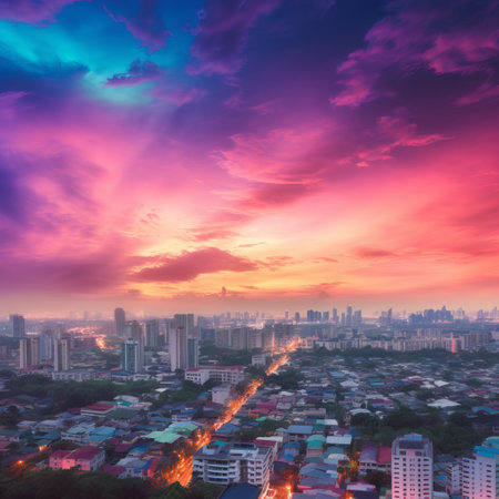 Bangkok cityscape with colorful sky at sunset, Bangkok, Thailandの素材