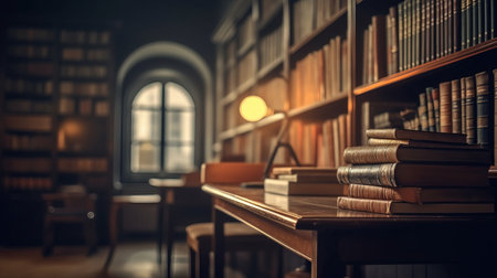 Bookshelf with books in library. Education concept. 3D Renderingの素材