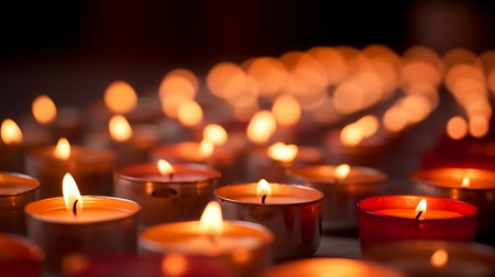 Many burning candles in a dark room. Selective focus. Shallow depth of field.の素材