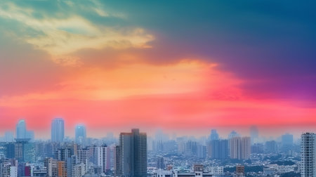 Cityscape with skyscrapers at sunset, Bangkok, Thailand.の素材