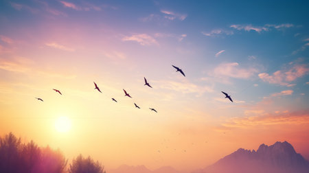Flock of birds flying in the sky at sunset. 3d renderingの素材