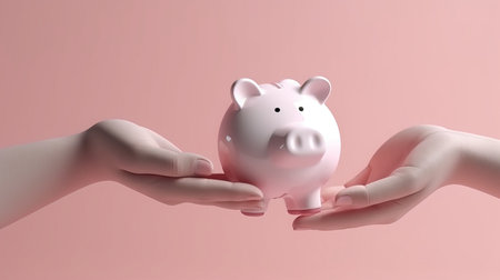 Two hands holding a piggy bank on a pink background. 3d renderingの素材