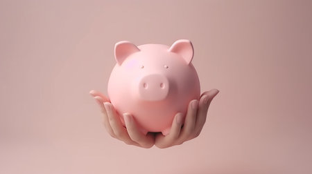 Piggy bank in female hands on pink background. 3d renderingの素材