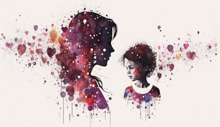 Double exposure of man and woman in love with watercolor splashes. Mother's Day.の素材