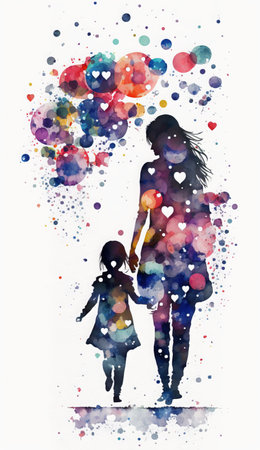 Mother and daughter with abstract watercolor splashes. Vector illustration. Mother's Day.の素材