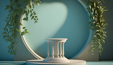 3d rendering of white marble pedestal in blue room with plants.の素材