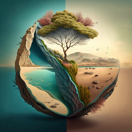 Representation of resilience. 3D illustration of a green island with trees in the middle.の素材