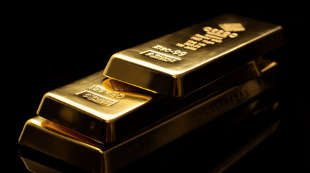 Gold bullion on a black background. Shallow depth of field.の素材