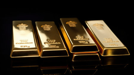 Gold bars on a black background. Shallow depth of field.の素材