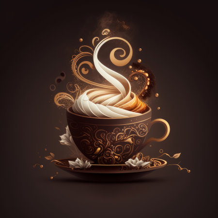 Cup of coffee with floral ornament on black background. Vector illustration.の素材