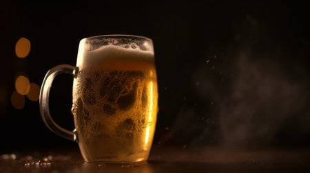 Mug of beer on a wooden table with smoke and bokehの素材