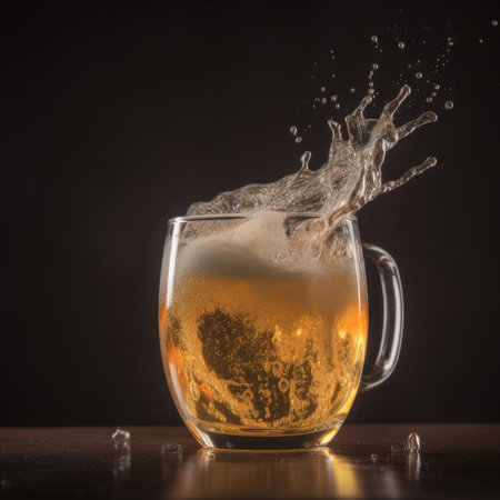 Beer splashing out of a beer mug on a black background.の素材