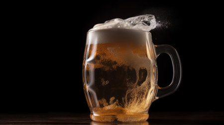 Mug of beer with foam on a wooden table on a black backgroundの素材