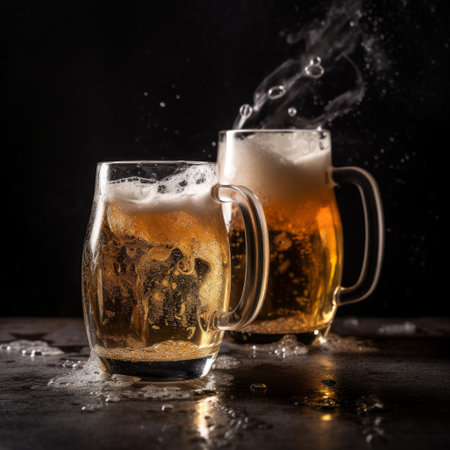 Mug of beer with foam and bubbles on a dark background.の素材