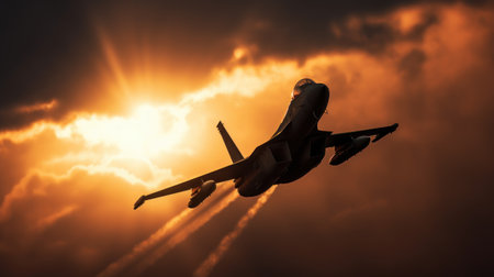 Silhouette of a jet fighter flying in the sunset sky.の素材