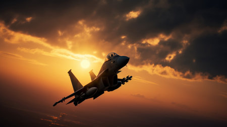 Military fighter jet flying in the sky at sunset. 3d renderingの素材