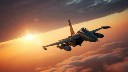 Military fighter jet flies in the sky at sunset. 3d renderの素材