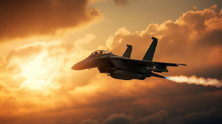 Military fighter jet flying in the sky at sunset. 3d renderingの素材