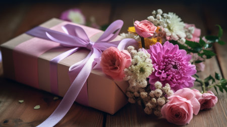 Gift box with pink ribbon and flowers on a wooden background.の素材