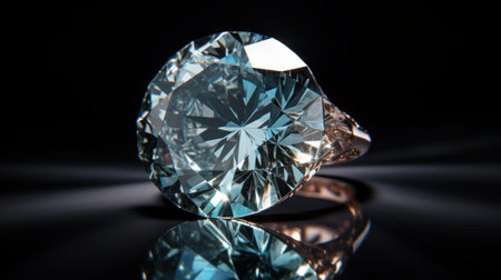closeup of a diamond on black background with reflection and copy spaceの素材