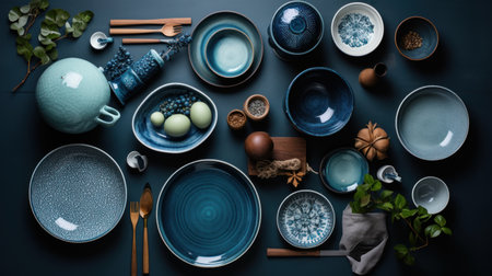 ceramic tableware and utensils on dark background, top viewの素材