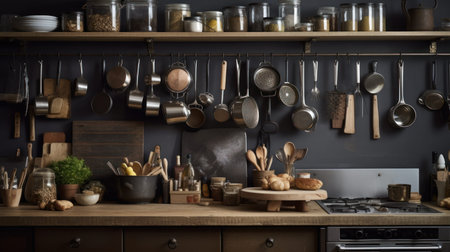 Kitchen interior with utensils on countertop and wooden shelfの素材