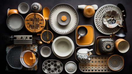 Ceramic tableware and utensils on a black backgroundの素材